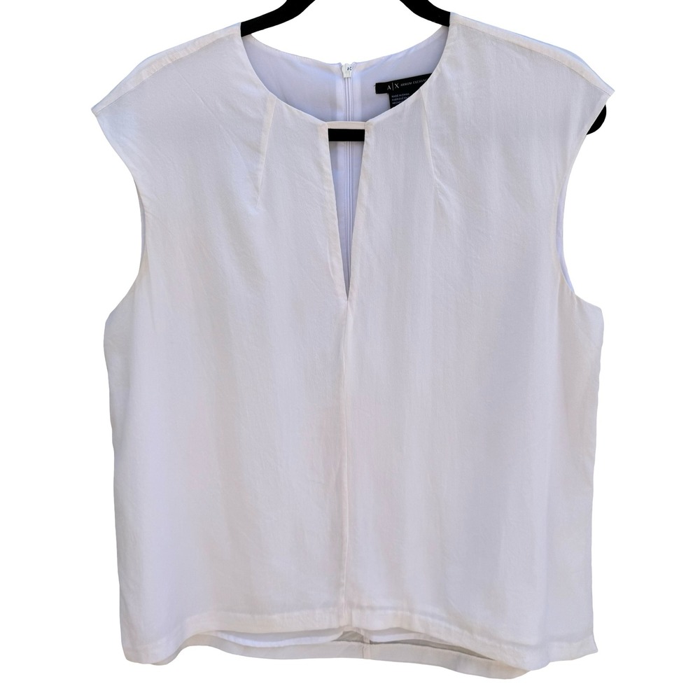 Armani Exchange White Silk V-Neck Sleeveless Blouse M Quiet Luxury Minimalist